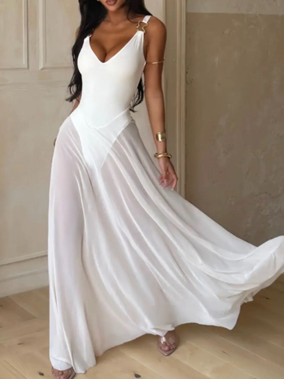 Women's Plain Minimalist Deep V Neck Tulle Sheer maxi Cami Lightweight Fit Dress